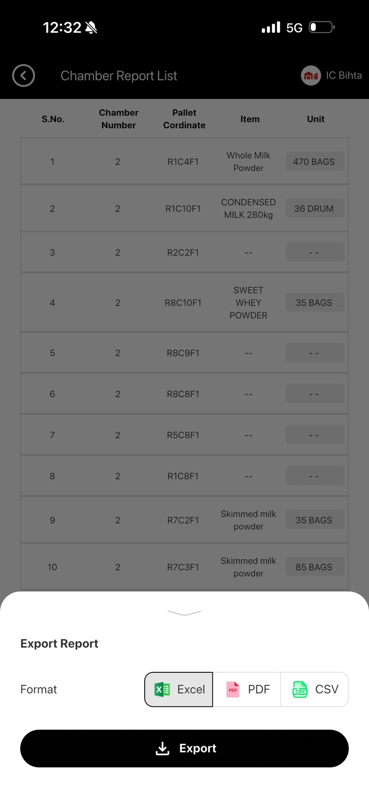 Moolcode WMS chamber report listing stored pallets and items with export options
